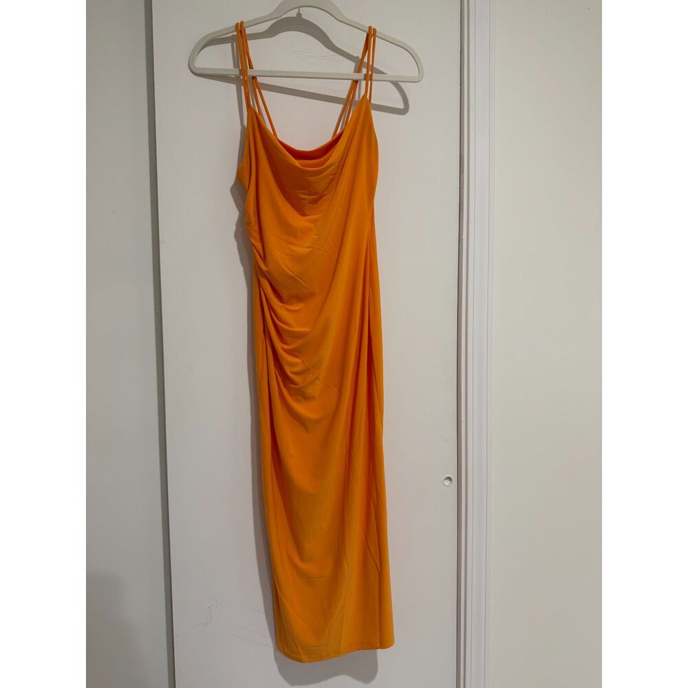 Zara Vibrant Orange Cowl Neck Ruched Strappy Bodycon Midi Dress Size S